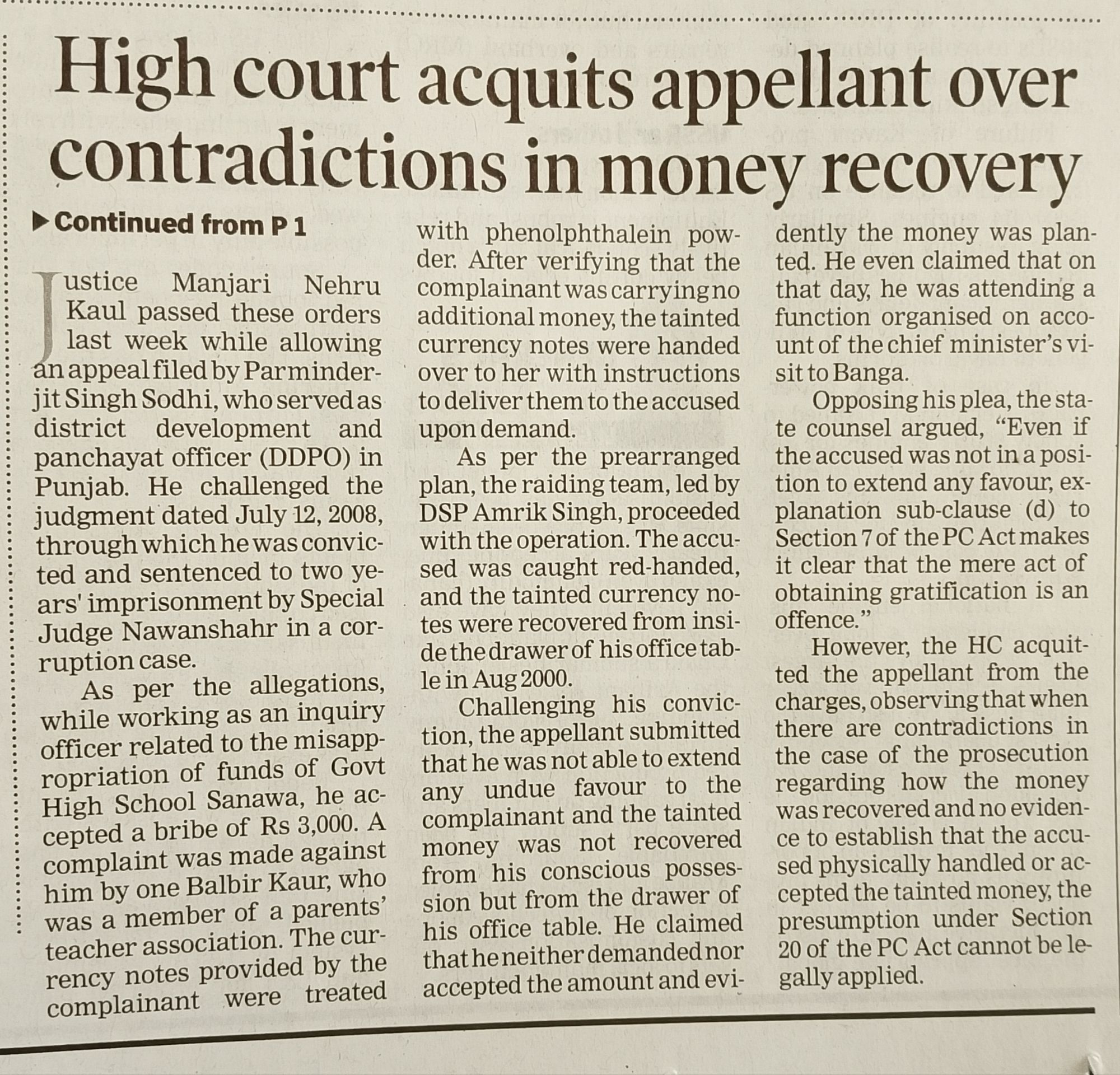 PC Act Acquittal HighCourt Chandigarh – Latest Legal News, Stories